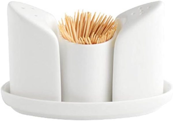 123Arts Ceramic Salt and Pepper Shaker Toothpick Holder with Tray, Set of 4