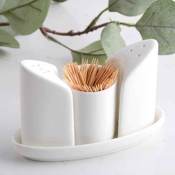 123Arts Ceramic Salt and Pepper Shaker Toothpick Holder with Tray, Set of 4 - Image 3