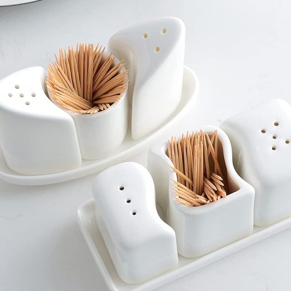 123Arts Ceramic Salt and Pepper Shaker Toothpick Holder with Tray, Set of 4 - Image 4