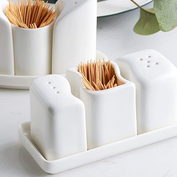 123Arts Ceramic Salt and Pepper Shaker Toothpick Holder with Tray, Set of 4 - Image 6