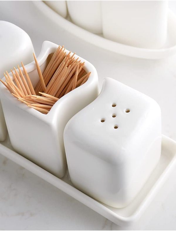 123Arts Ceramic Salt and Pepper Shaker Toothpick Holder with Tray, Set of 4 - Image 8