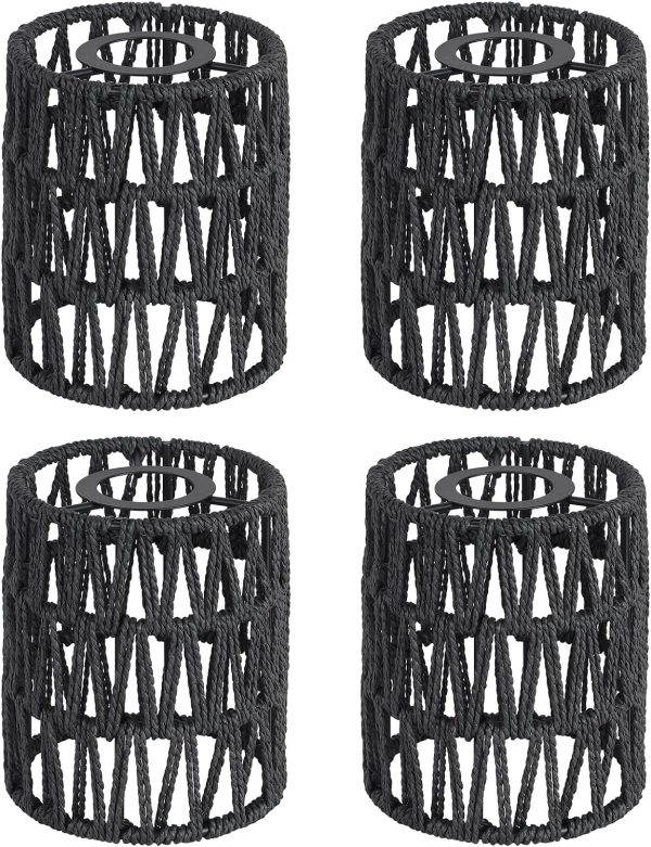 4 Pack Rattan Lamp Shade, Small Boho Lamp Shades Replacement, 5.9in Height, 5in Diameter, 1.53in Fitter, Black CeIling Light Covers for Floor Lamps,Pendant Light,Chandelier,Wall Sconces Light Fixture