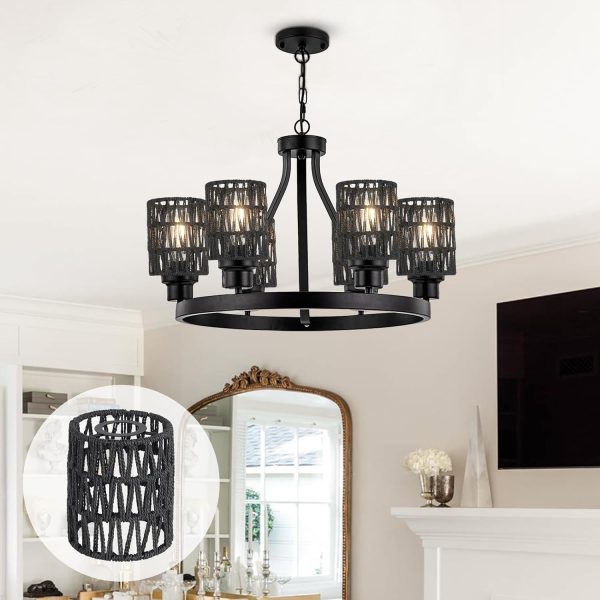 4 Pack Rattan Lamp Shade, Small Boho Lamp Shades Replacement, 5.9in Height, 5in Diameter, 1.53in Fitter, Black CeIling Light Covers for Floor Lamps,Pendant Light,Chandelier,Wall Sconces Light Fixture - Image 2