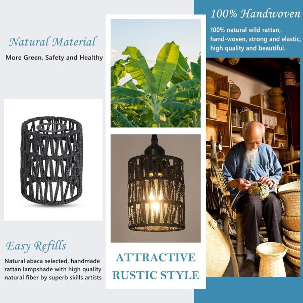 4 Pack Rattan Lamp Shade, Small Boho Lamp Shades Replacement, 5.9in Height, 5in Diameter, 1.53in Fitter, Black CeIling Light Covers for Floor Lamps,Pendant Light,Chandelier,Wall Sconces Light Fixture - Image 3