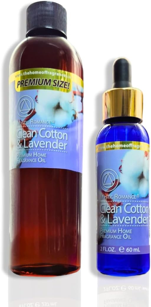 8oz and 2oz Lavender Fragrance Oil Set by Mystic Romance (Two Bottles, one with Dropper) for Ultrasonic Diffuser, Oil Burners, and Potpourri (Pack of 2, Clean Cotton & Lavender)