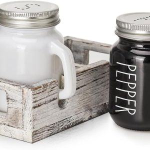 Aieve Salt and Pepper Shakers Set, Glass Salt Pepper Shaker with Wooden Holder Caddy, Black and White Farmhouse Kitchen Décor, 4 Ounce Capacity