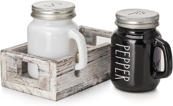 Aieve Salt and Pepper Shakers Set, Glass Salt Pepper Shaker with Wooden Holder Caddy, Black and White Farmhouse Kitchen Décor, 4 Ounce Capacity