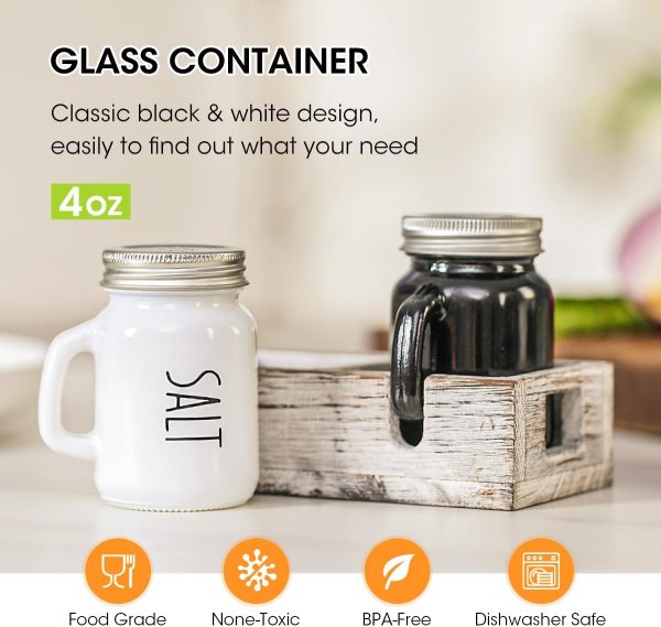 Aieve Salt and Pepper Shakers Set, Glass Salt Pepper Shaker with Wooden Holder Caddy, Black and White Farmhouse Kitchen Décor, 4 Ounce Capacity - Image 4