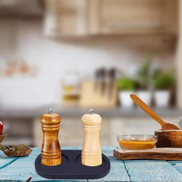 GORGECRAFT Black Wooden Salt and Pepper Mill Tray Acacia Wood Tray Peper Mill Holder Mills & Shakers Salt & Pepper Grinder Rest for 2 Mills Accessories Kitchen Storage Holder Home Decoration Crafts - Image 5