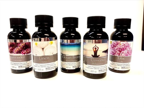Hosley Set of 5 Assorted Fragrance Warming Oils 55ml Each-Lavender, Linen, Ocean Breeze, Unwind, Lilac. Ideal for spa Meditation Bathroom Wellness
