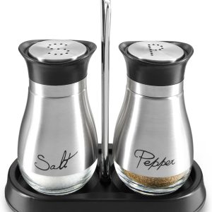 Juvale Stainless Steel Salt and Pepper Shakers Set with Holder, Refillable, Clear Glass Bottoms, Screw-Off Perforated "S" and "P" Caps for Kitchen Table Decor (4oz)