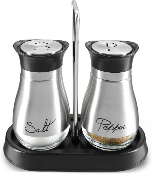 Juvale Stainless Steel Salt and Pepper Shakers Set with Holder, Refillable, Clear Glass Bottoms, Screw-Off Perforated "S" and "P" Caps for Kitchen Table Decor (4oz)