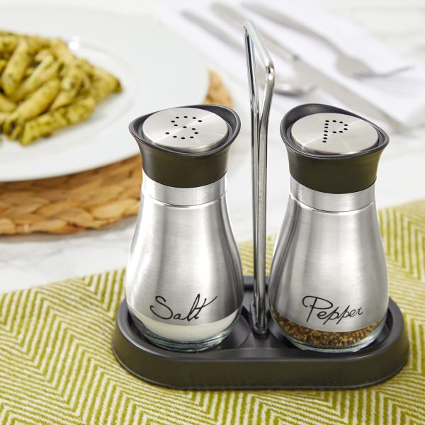 Juvale Stainless Steel Salt and Pepper Shakers Set with Holder, Refillable, Clear Glass Bottoms, Screw-Off Perforated "S" and "P" Caps for Kitchen Table Decor (4oz) - Image 2