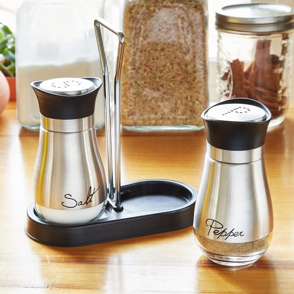 Juvale Stainless Steel Salt and Pepper Shakers Set with Holder, Refillable, Clear Glass Bottoms, Screw-Off Perforated "S" and "P" Caps for Kitchen Table Decor (4oz) - Image 3