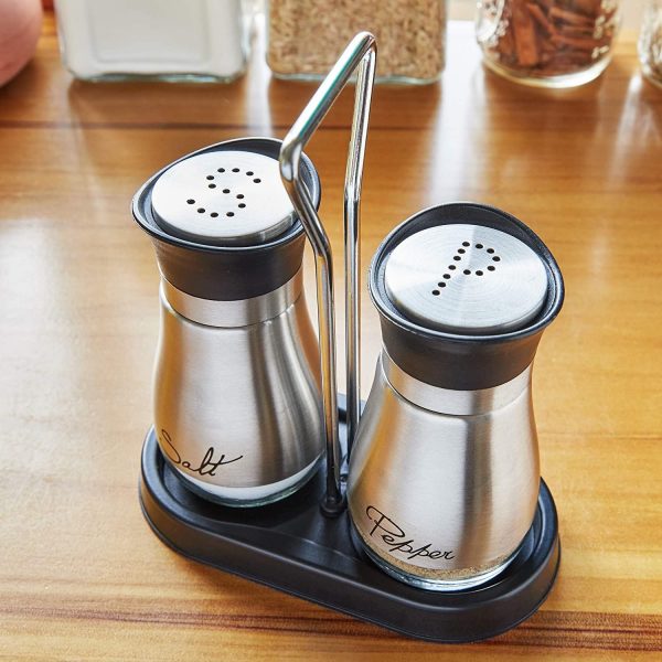 Juvale Stainless Steel Salt and Pepper Shakers Set with Holder, Refillable, Clear Glass Bottoms, Screw-Off Perforated "S" and "P" Caps for Kitchen Table Decor (4oz) - Image 4