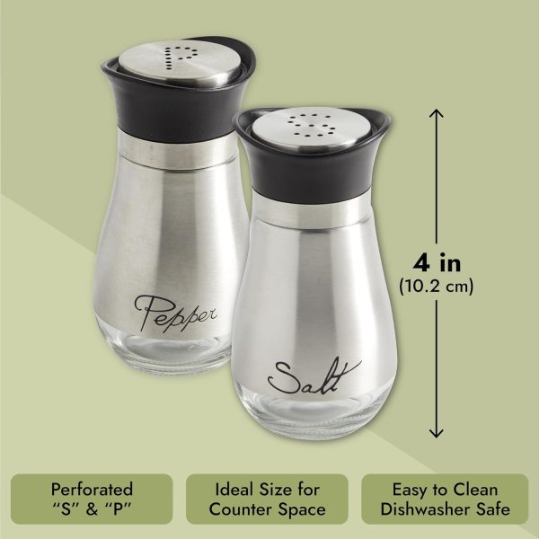 Juvale Stainless Steel Salt and Pepper Shakers Set with Holder, Refillable, Clear Glass Bottoms, Screw-Off Perforated "S" and "P" Caps for Kitchen Table Decor (4oz) - Image 6